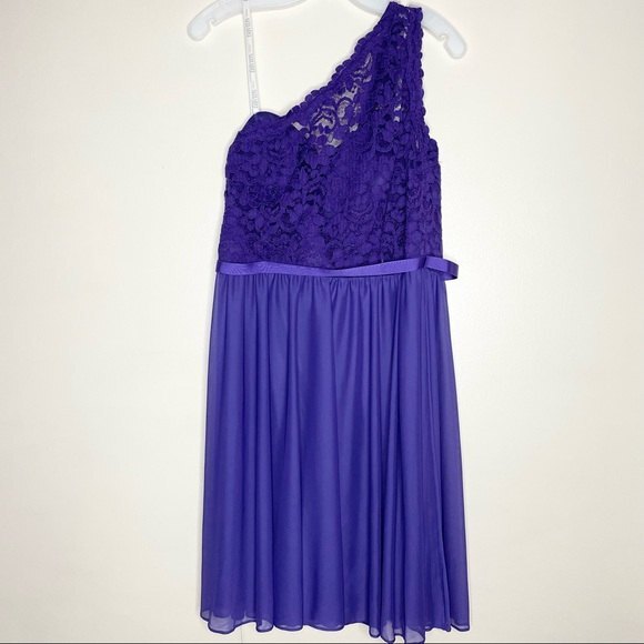 Davids Bridal One Shoulder Dress Lace Corded Short Bridesmaid New Purple Size 12 - Picture 3 of 13